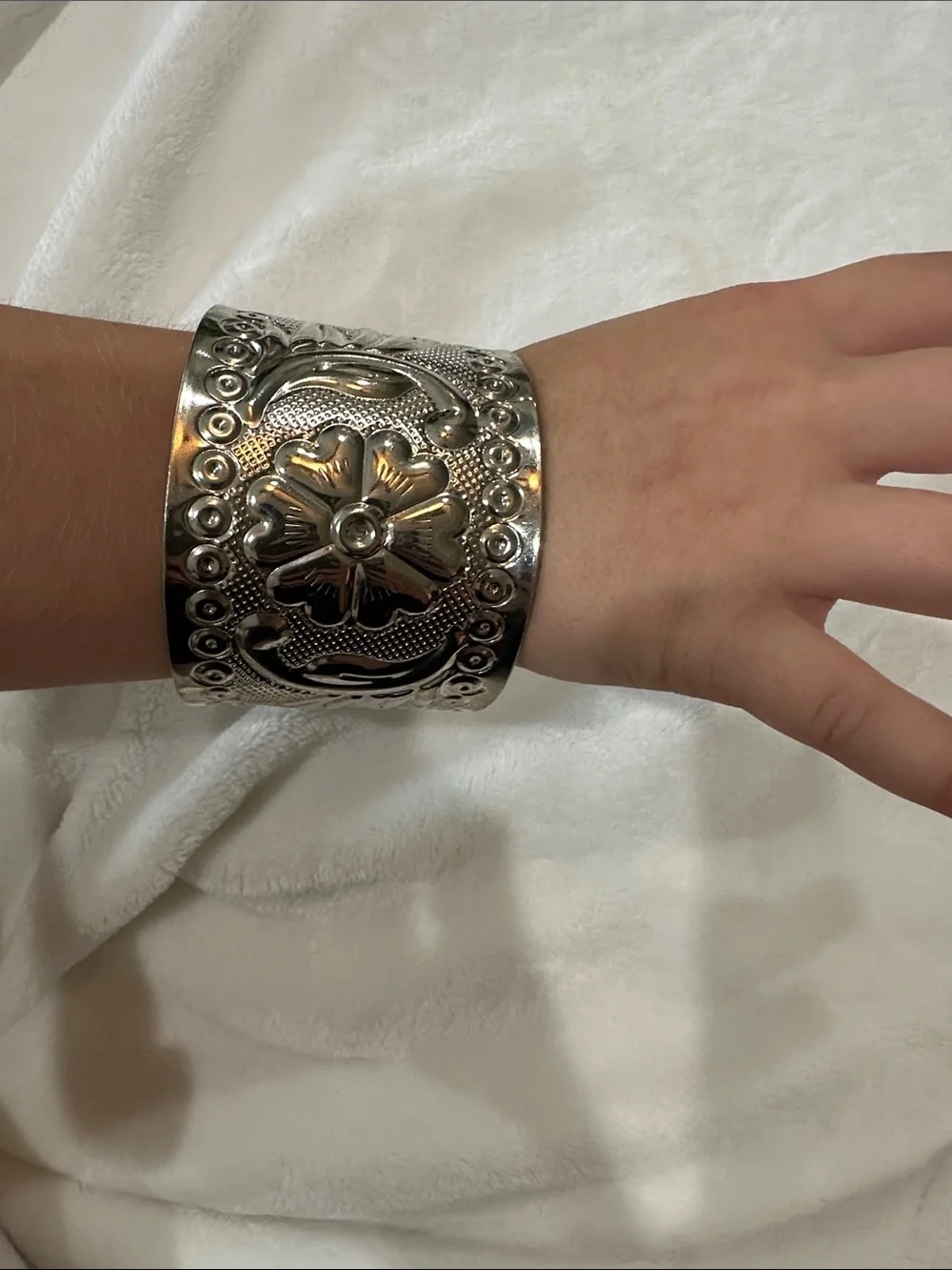 Silver Floral Embossed Cuff Bracelet